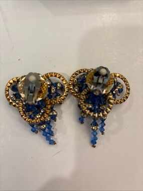 Vintage 50s Goldtone Blue Rhinestones Dangle Hoops Statement Clip-On Earrings